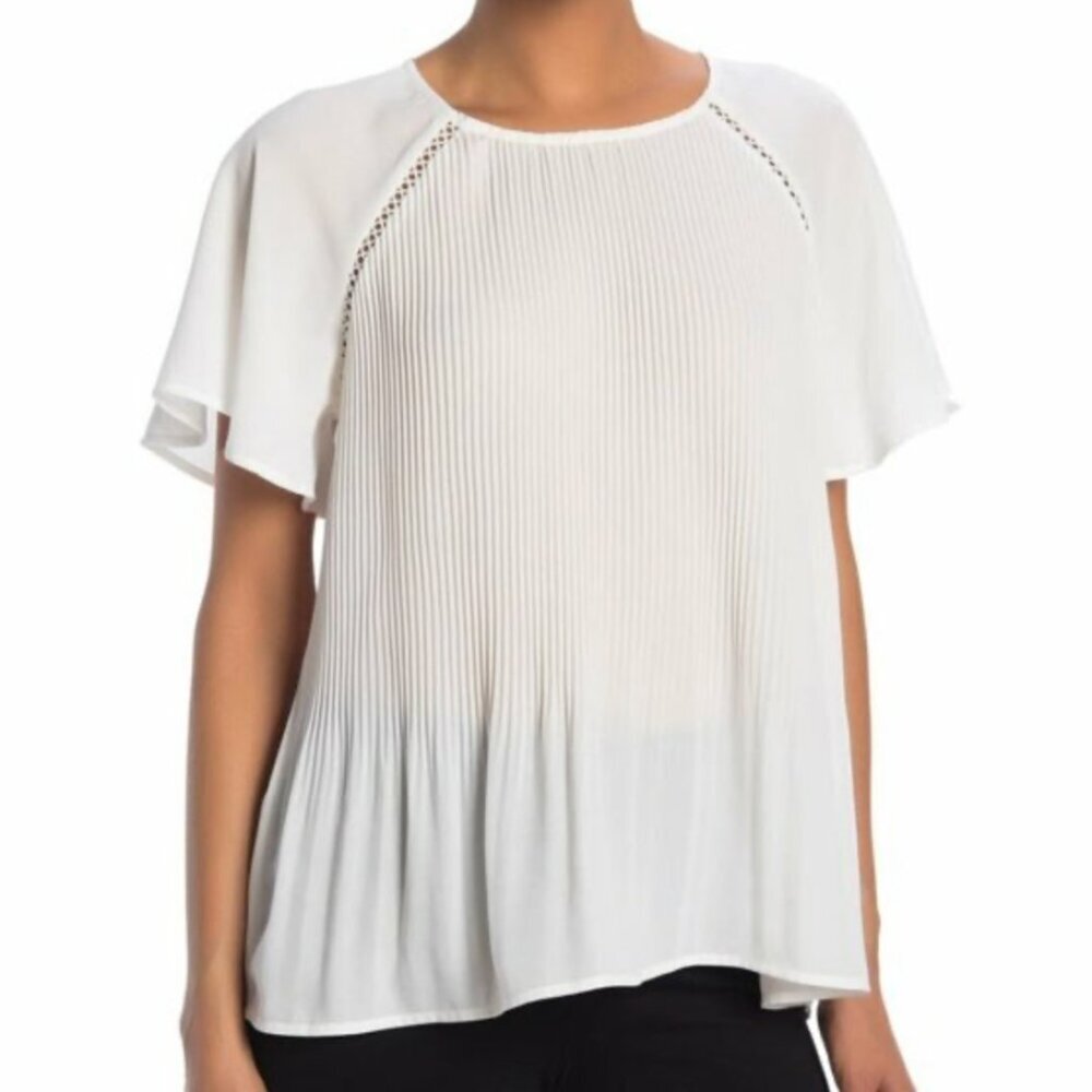 NEW NWT PLEIONE Pleated Flutter Sleeve Blouse Ivory Short Sleeve Sheer Boho Work